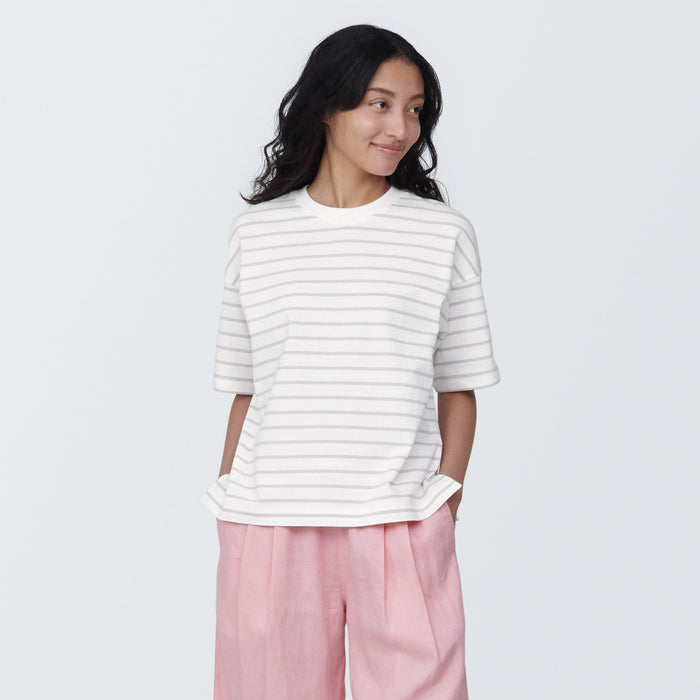Koszulki Damskie Muji Crew Neck Short Sleeve Striped Białe | GV3X1X09J