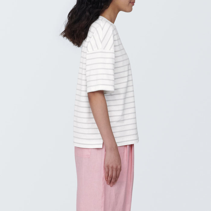 Koszulki Damskie Muji Crew Neck Short Sleeve Striped Białe | GV3X1X09J